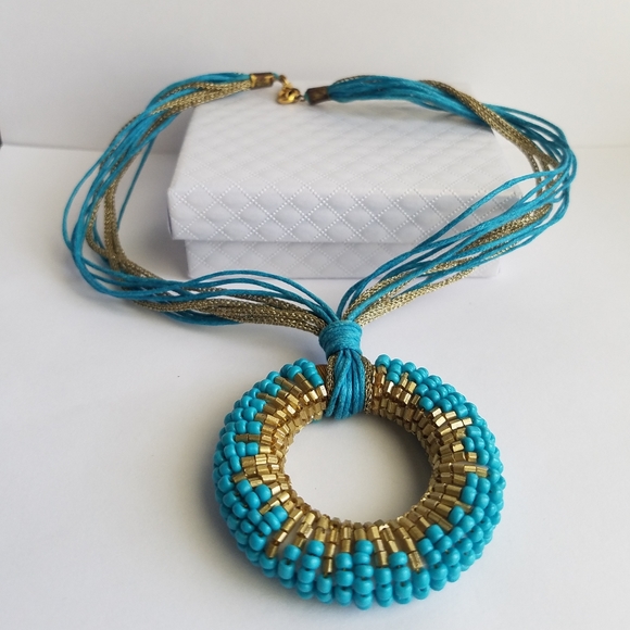 Turquoise Gold Beaded Statement Necklace Handmade NEW